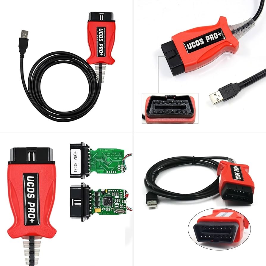 Cablul UCDS PRO PLUS văzut din mai multe unghiuri, cu mufa OBD-II, cablul USB și plăcile electronice din interior