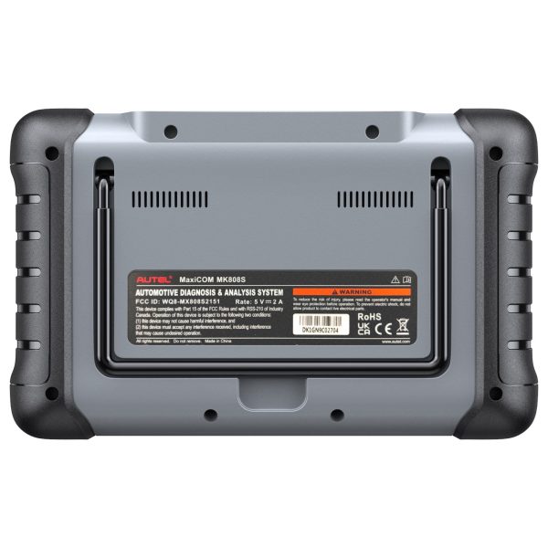 Spatele tabletei Autel MaxiCOM MK808S, cu suportul rabatabil si eticheta modelului