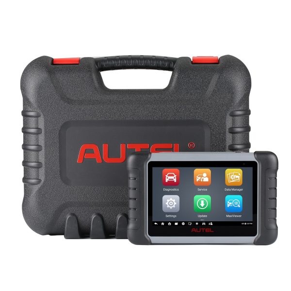 Tableta Autel MaxiCOM MK808S in fata valizei de transport, cu ecranul principal pornit
