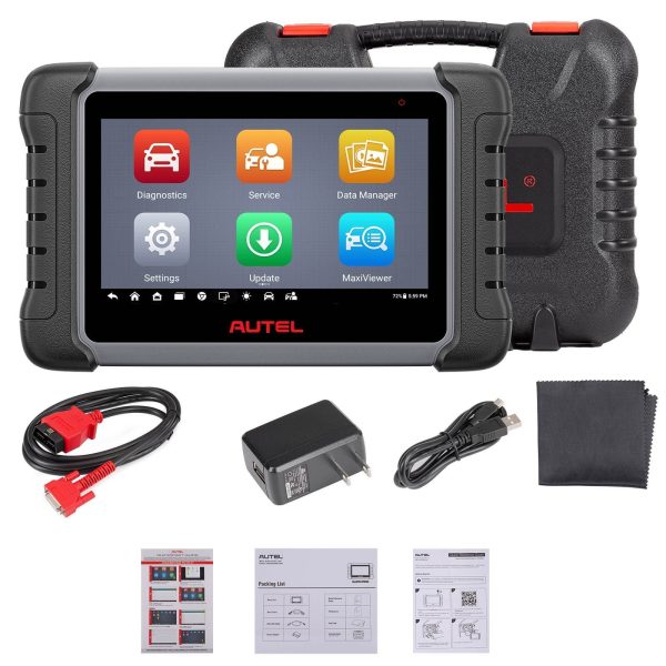 Continutul pachetului Autel MaxiPRO MP808S: tableta, valiza, cablul de diagnoza, alimentatorul si documentatia
