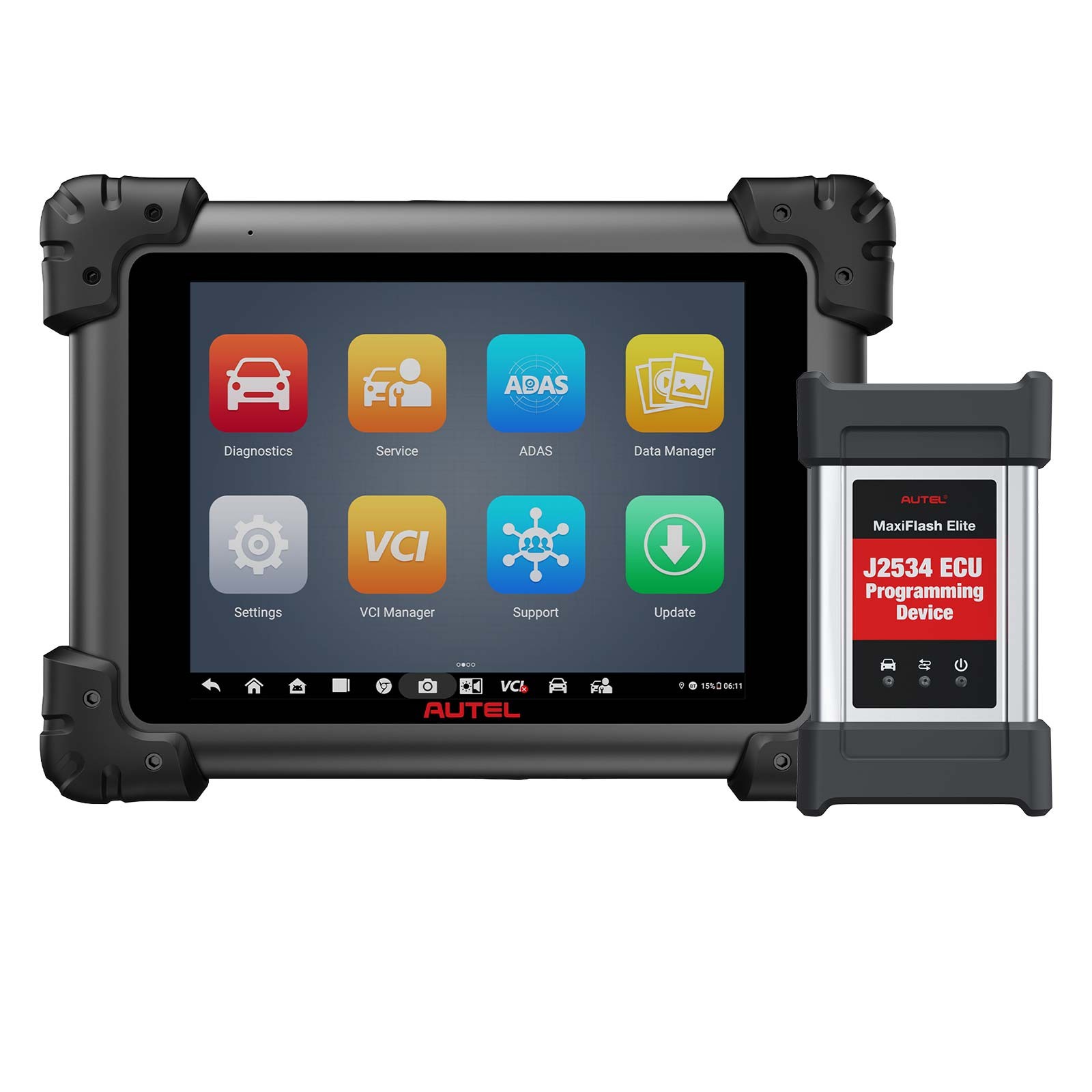 Tableta Autel MaxiSys cu meniul principal pe ecran si interfata MaxiFlash J2534 alaturi
