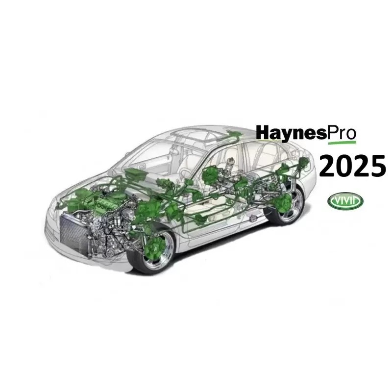 Prezentarea HaynesPro cu o mașină desenată în transparență și sistemele evidențiate în verde