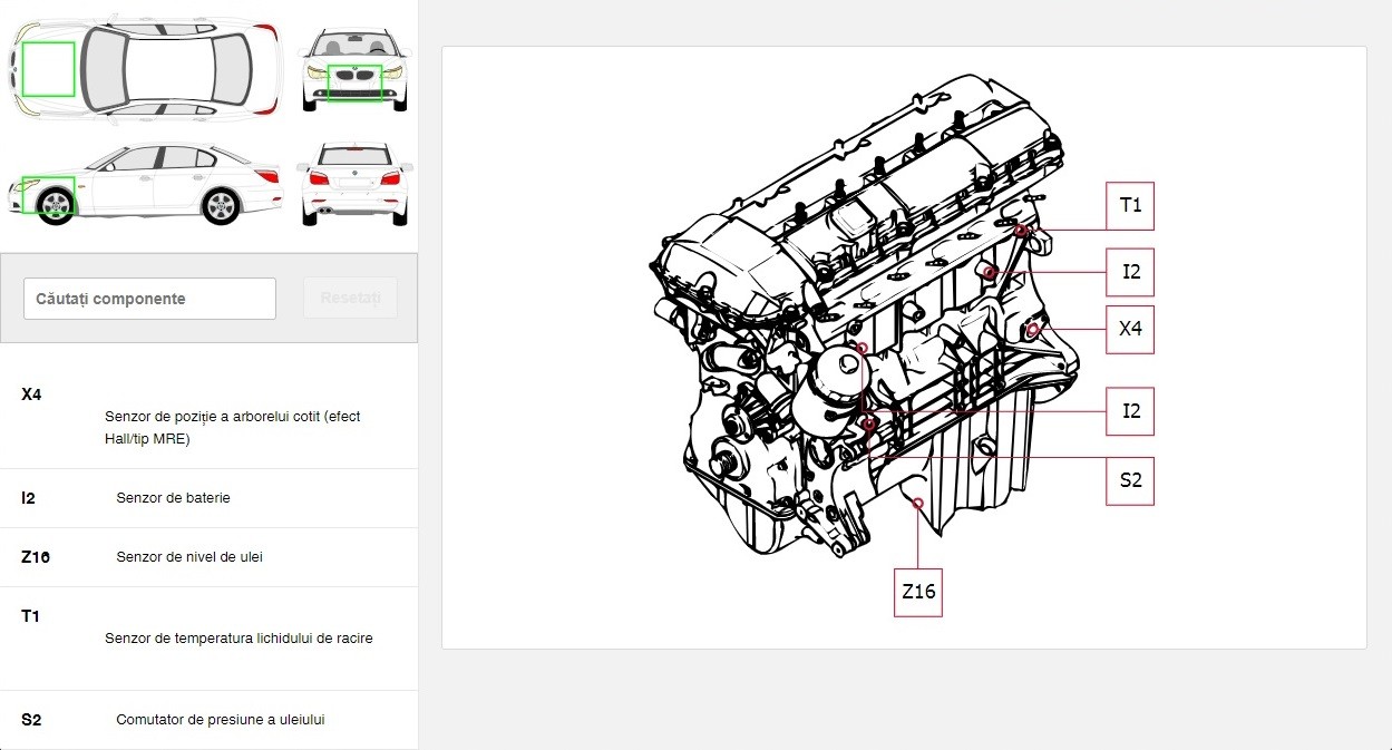 Localizator de componente HaynesPro pe un BMW Seria 5, cu senzorii marcați pe desenul motorului