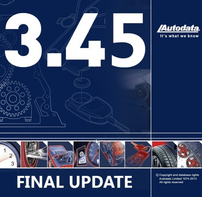 Ecranul de pornire Autodata 3.45 cu mențiunea FINAL UPDATE și nota de copyright a editorului