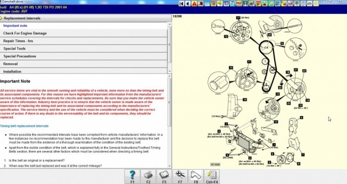 Fișa de distribuție Autodata pentru un Audi A4 cu motor AVF, cu meniul de proceduri și schema cu cupluri