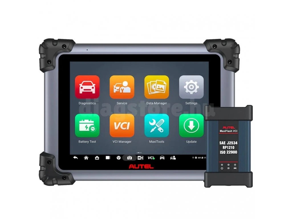 Tester multimarcă Autel MaxiSys Elite II Pro, CAN FD și DoIP nativ 3 Detaliu cu tableta de diagnoză și accesoriile de conectare la priza vehiculului