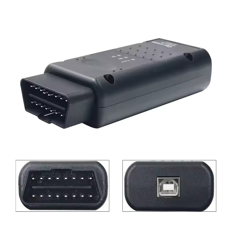 Capetele interfeței OP-COM Pro: mufa de diagnoză pe 16 pini și priza USB de tip B