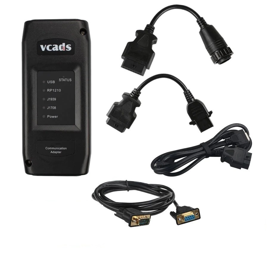 Adaptorul de diagnoză VCADS 3 alături de cablurile de vehicul de 8 și 14 pini, cablul de 15 pini și cablul serial