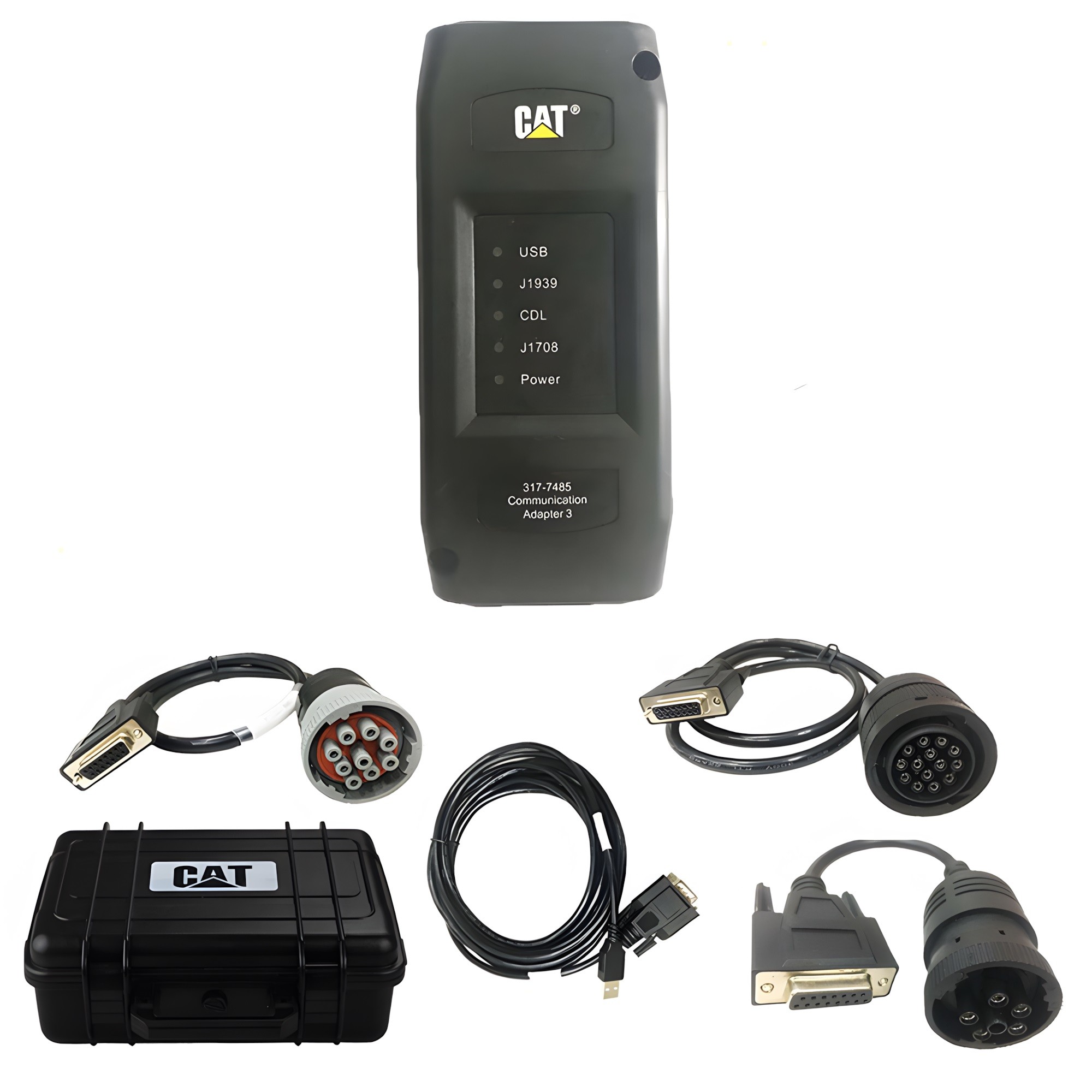 Adaptorul de comunicație pentru utilaje, cu valiza rigidă, cablul USB și cele trei cabluri de utilaj din trusă