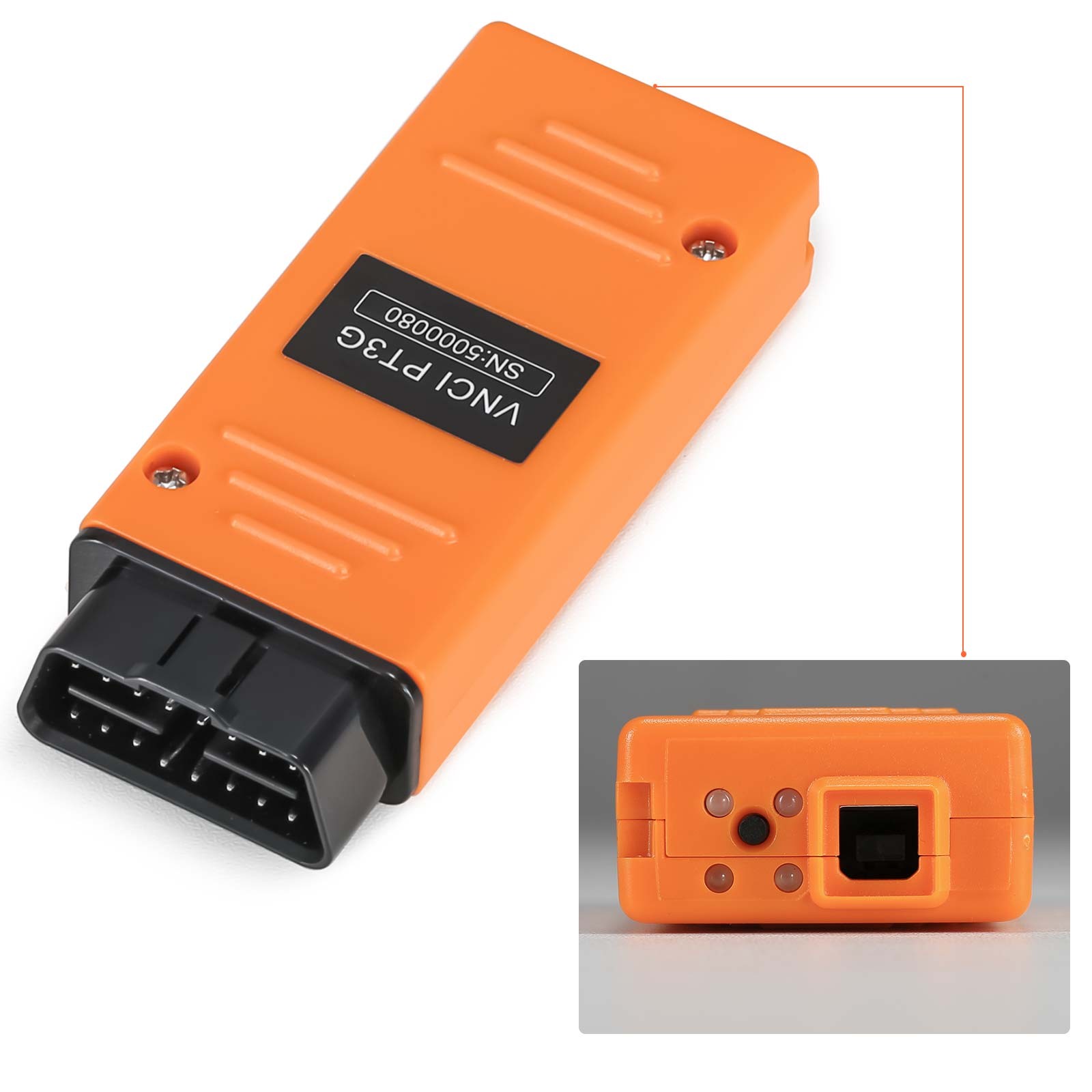 Detaliu cu eticheta interfeței și capătul pe care se află LED-urile de stare, butonul și portul USB