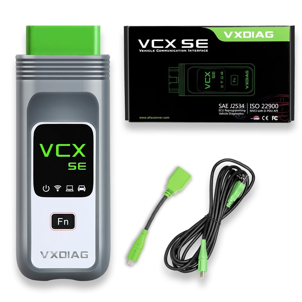 Interfață VCX SE DoIP compatibilă cu Jaguar și Land Rover, pentru SDD 2 Interfața VXDIAG VCX SE lângă cutia de carton pe care sunt trecute standardele J2534 și D-PDU