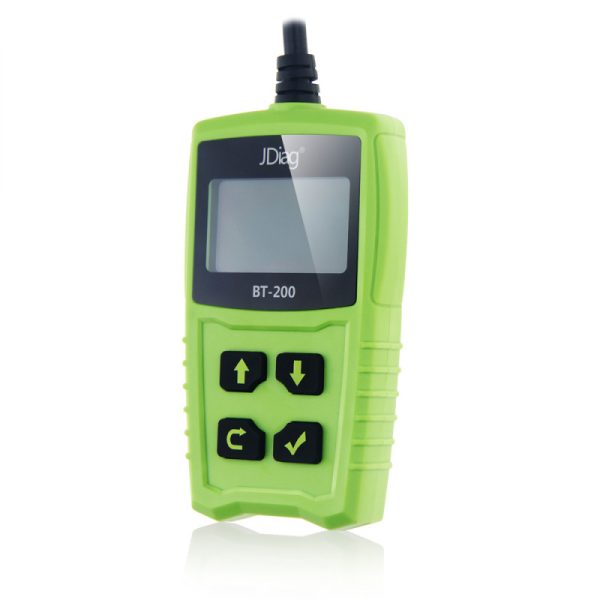Tester de baterii auto JDiag BT-200, măsurare prin conductanță Testerul JDiag BT-200 vazut din fata, cu ecranul si butoanele