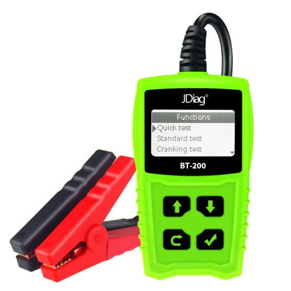 Tester de baterii auto JDiag BT-200, măsurare prin conductanță Testerul de baterii JDiag BT-200 cu ecranul pe meniul de functii si clestii rosu si negru