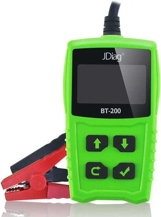 Tester de baterii JDiag FasCheck BT-200 cu carcasă verde și ecran alb-negru
