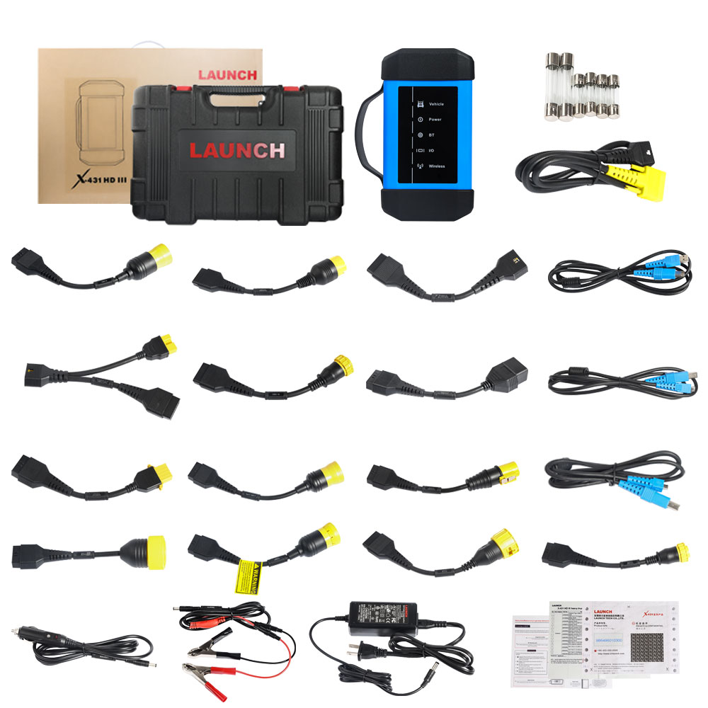 Pachetul Launch X431 V+ HD3: valiza, modulul HD3, cablurile si adaptoarele pentru camioane, sigurantele si alimentatorul