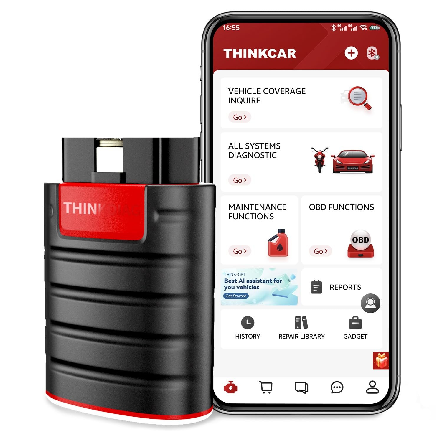 Interfața THINKDIAG conectată în priza de diagnoză, cu telefonul alături