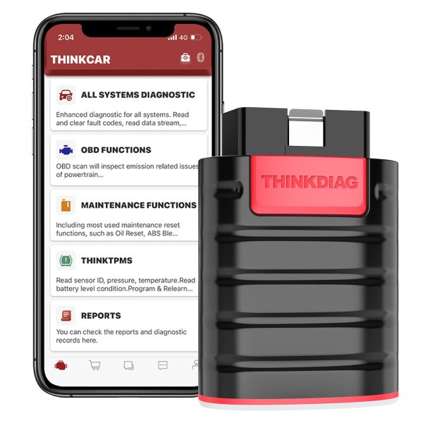 Interfata THINKCAR THINKDIAG langa telefonul cu aplicatia deschisa pe lista de functii