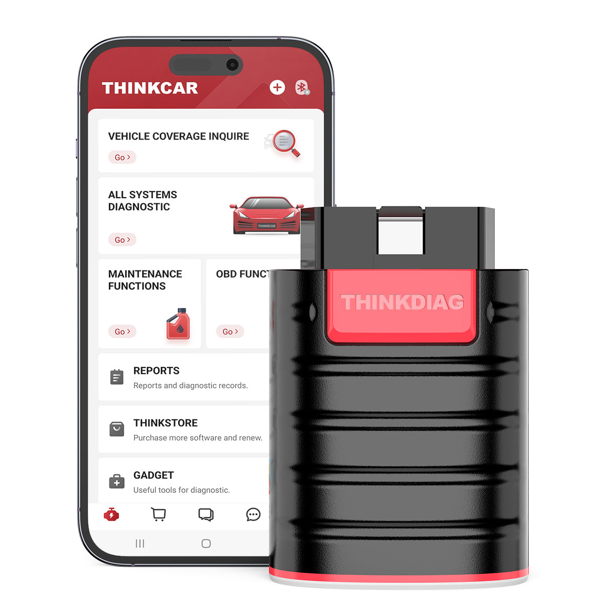 Interfata THINKCAR THINKDIAG in fata telefonului, cu meniul principal al aplicatiei THINKCAR