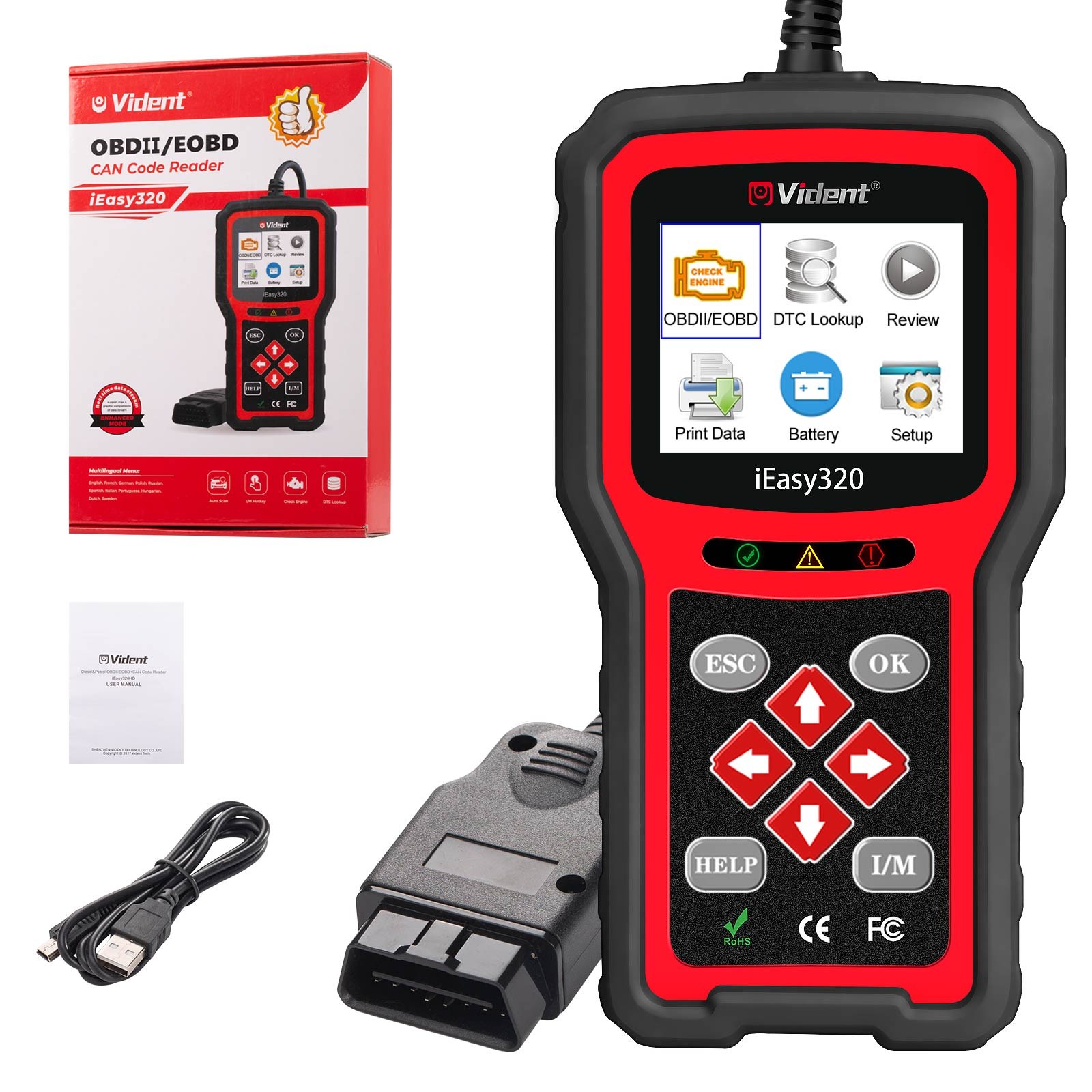 Testerul Vident iEasy320 cu cablul OBD, cablul USB, manualul si cutia din pachet