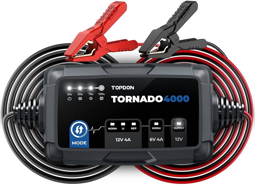 Încărcător inteligent TOPDON Tornado4000 cu cleme roșu-negru și panou cu LED-uri de mod