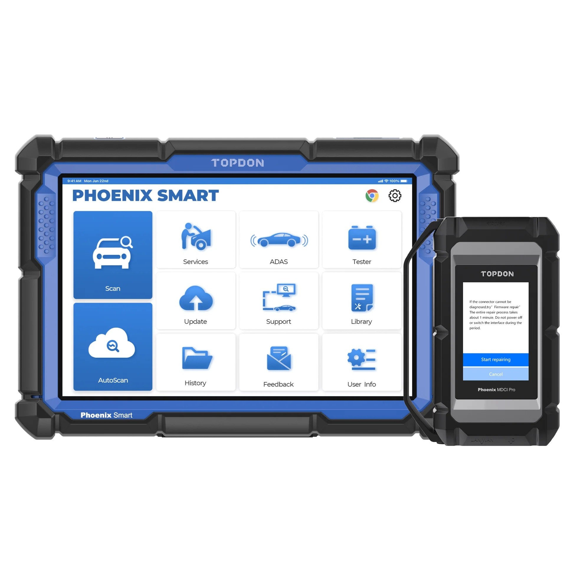 Meniul de funcții de service al TOPDON Phoenix Smart, deschis pe ecranul tabletei