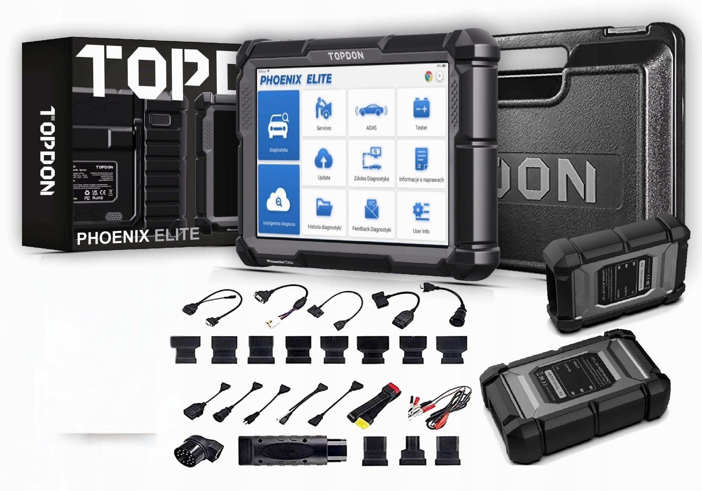 Tester diagnoză Topdon Phoenix Elite, cu codare online 2 Tabletă de diagnoză auto Topdon de 10,1 inch, prezentată împreună cu interfața MDCI