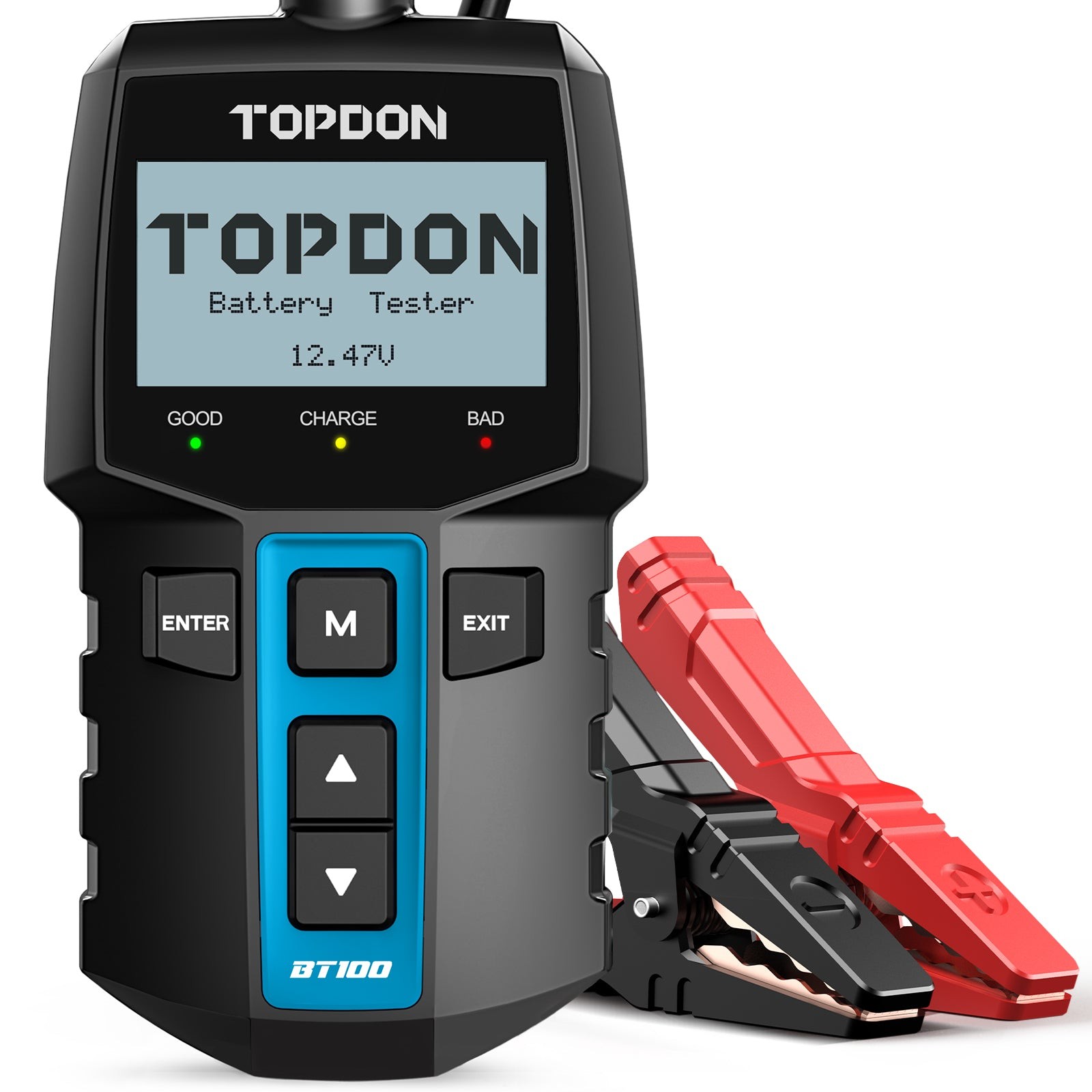 Tester de baterii TOPDON BT100 cu ecranul LCD și clemele roșu-negru atașate pe cablu