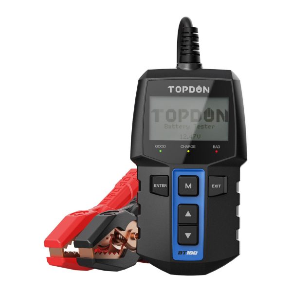 Tester de baterii TOPDON BT100 vazut din fata, cu clestii de conectare