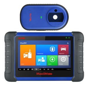 Tableta Autel MaxiIM IM508 cu meniul principal pe ecran si programatorul XP200 deasupra