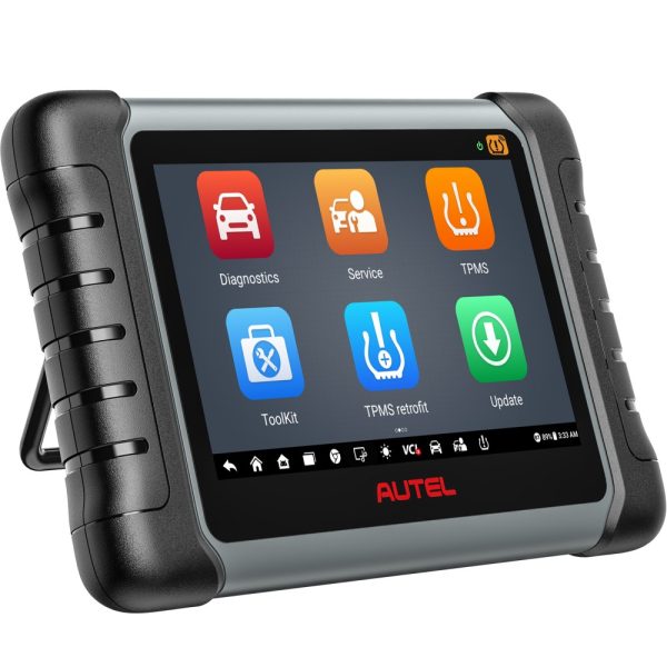 Tableta Autel MK808S-TS asezata pe suport, cu meniul Diagnostics, Service, TPMS si TPMS retrofit