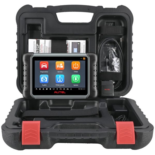 Valiza deschisa a kitului Autel MK808S-TS, cu tableta, cablurile si accesoriile din pachet