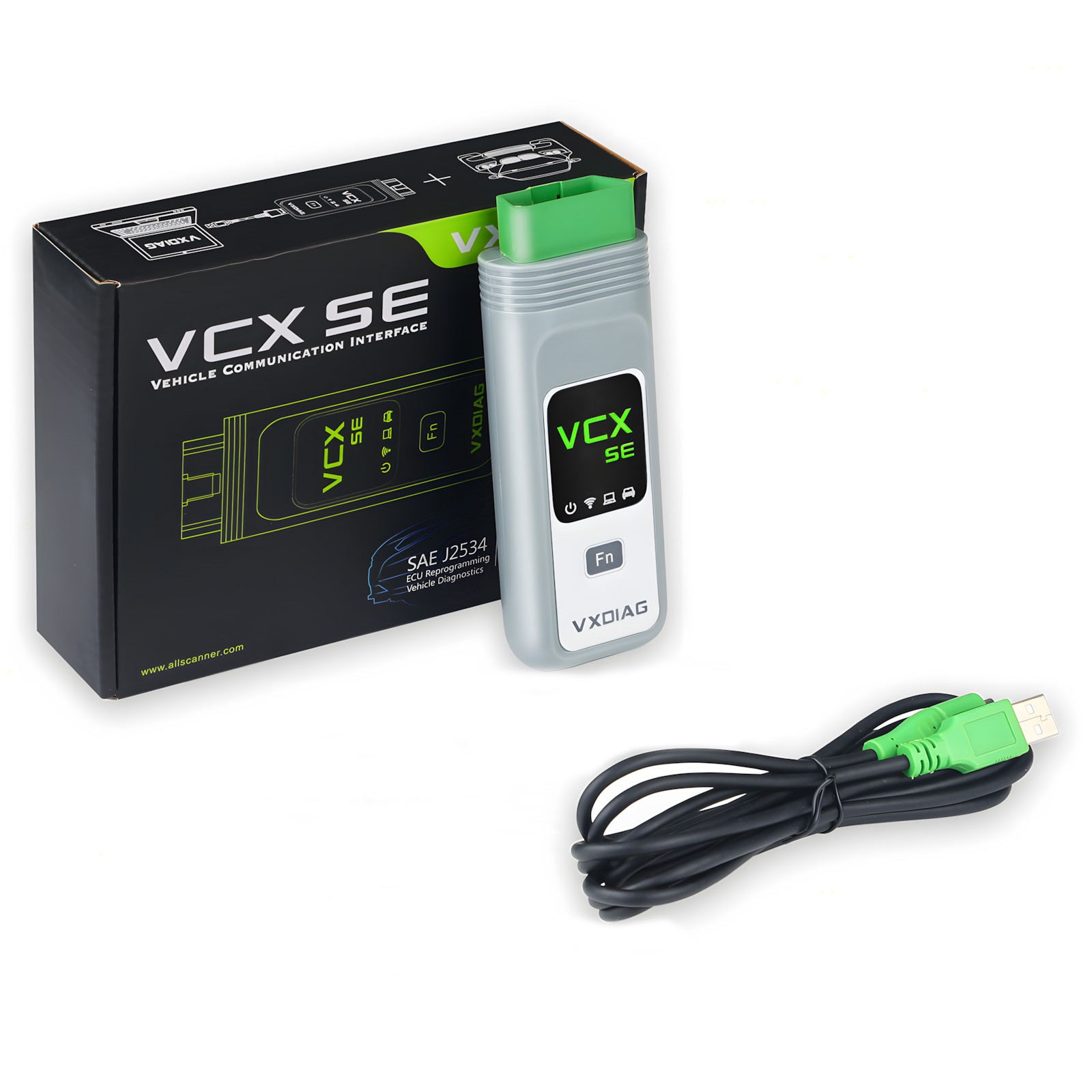 Detaliu al unității VXDIAG VCX SE 6154 și al accesoriilor de legătură incluse