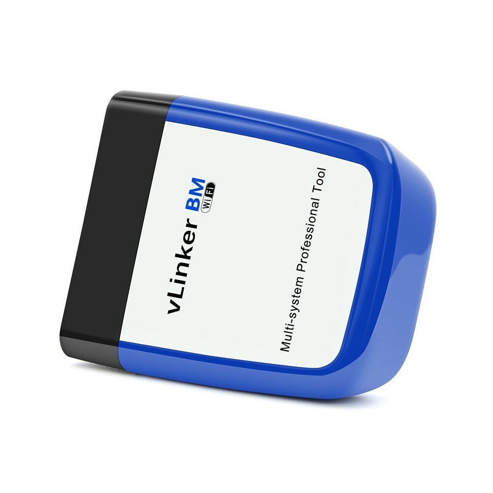 Carcasa adaptorului vLinker BM Wi-Fi văzută din lateral, cu mufa OBD-II neagră turnată pe corp