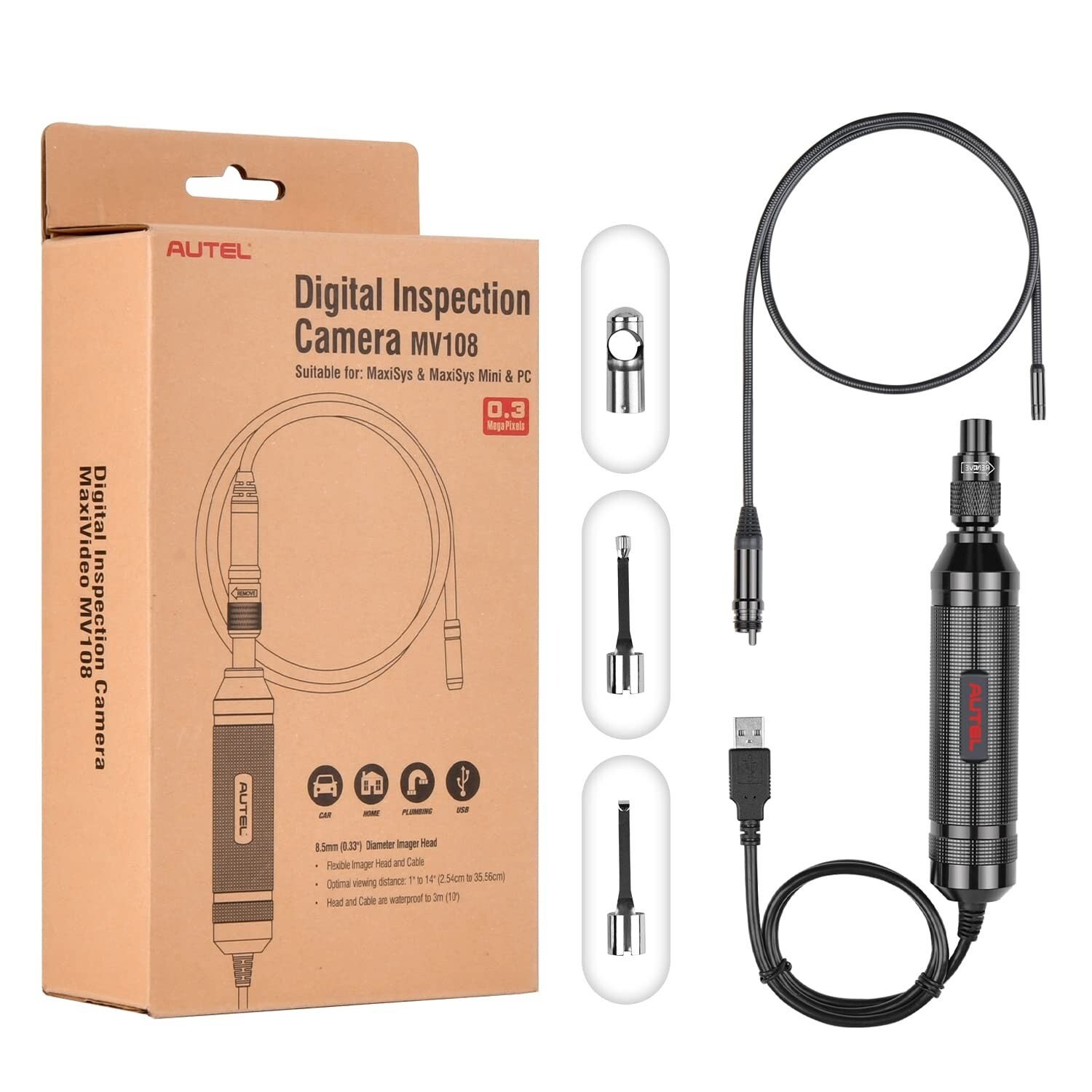 Cutia Autel MaxiVideo MV108 langa camera de inspectie si accesoriile pentru sonda