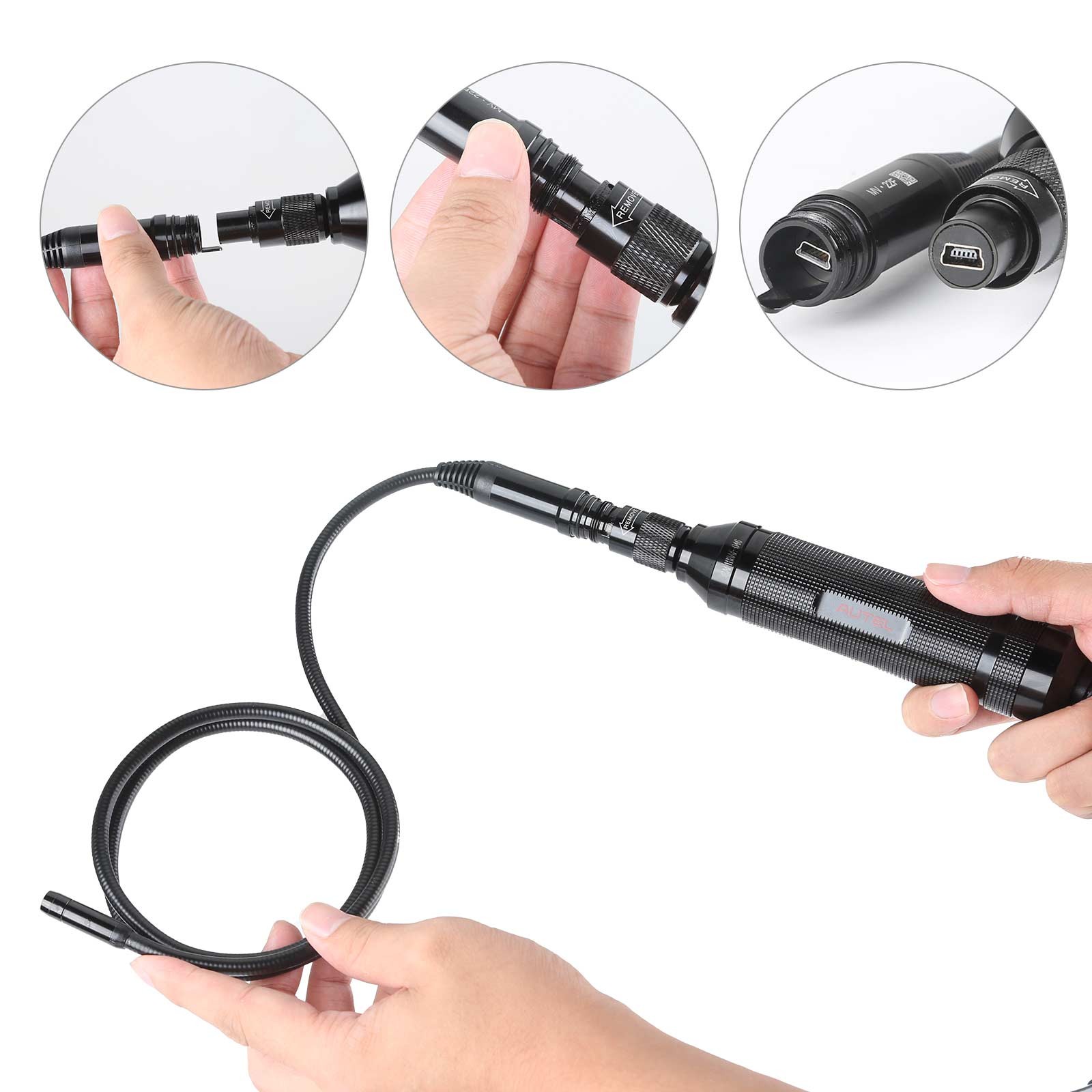 Camera Autel MV108 tinuta in mana, cu detaliile montarii accesoriilor pe capul sondei