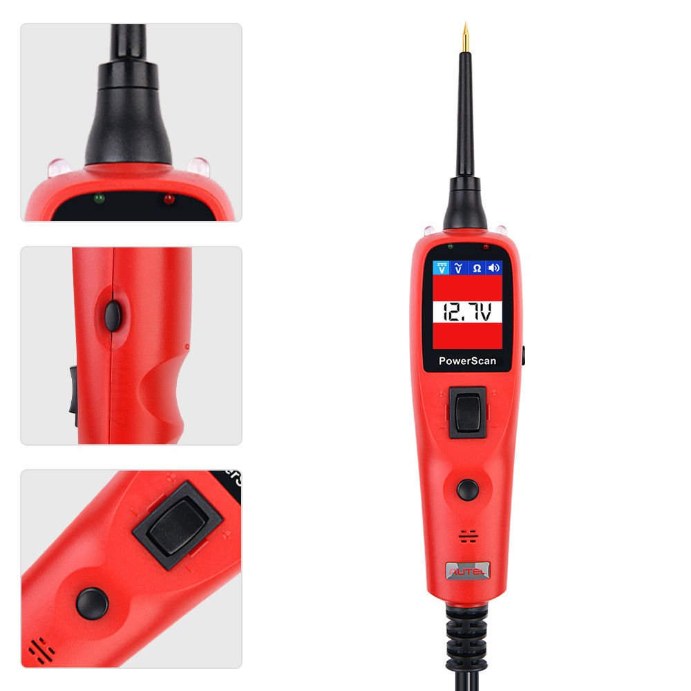 Vârful sondei PowerScan PS100 și clemele de alimentare de la bateria auto