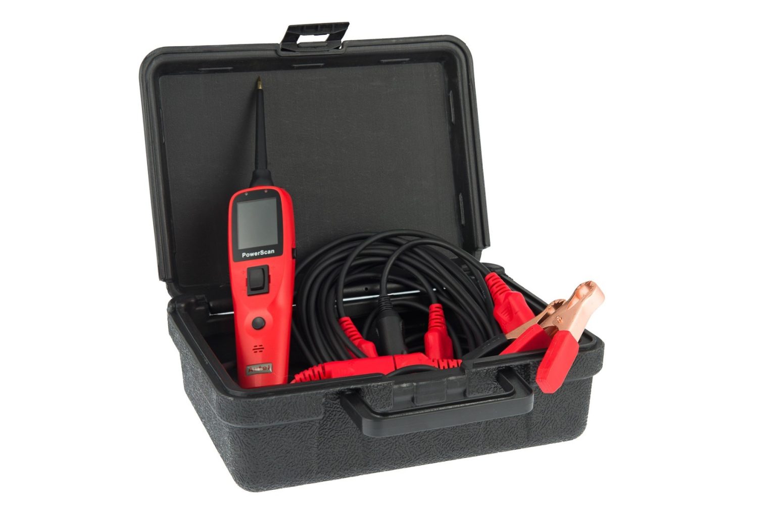 Tester de circuite Autel PowerScan PS100, cu injecție de putere 3 Autel PowerScan PS100 in valiza deschisa, cu cablurile si clestii crocodil