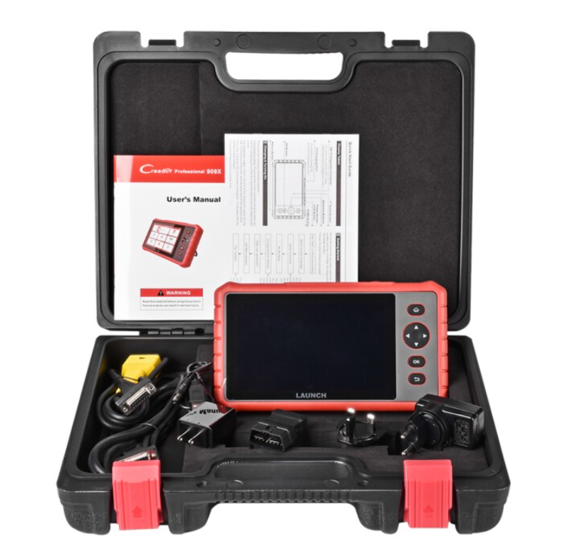 Launch CRP909X văzut de aproape, cu cablul de diagnoză conectat prin mini USB