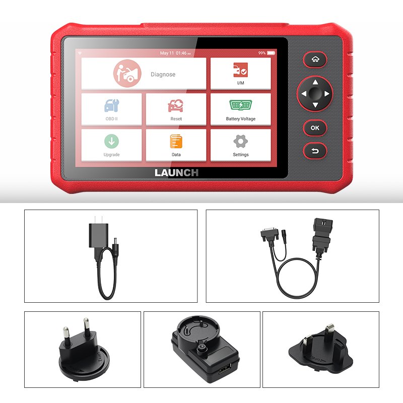 Testerul CRP909X din fata, cu cablul USB, cablul OBD si alimentatorul