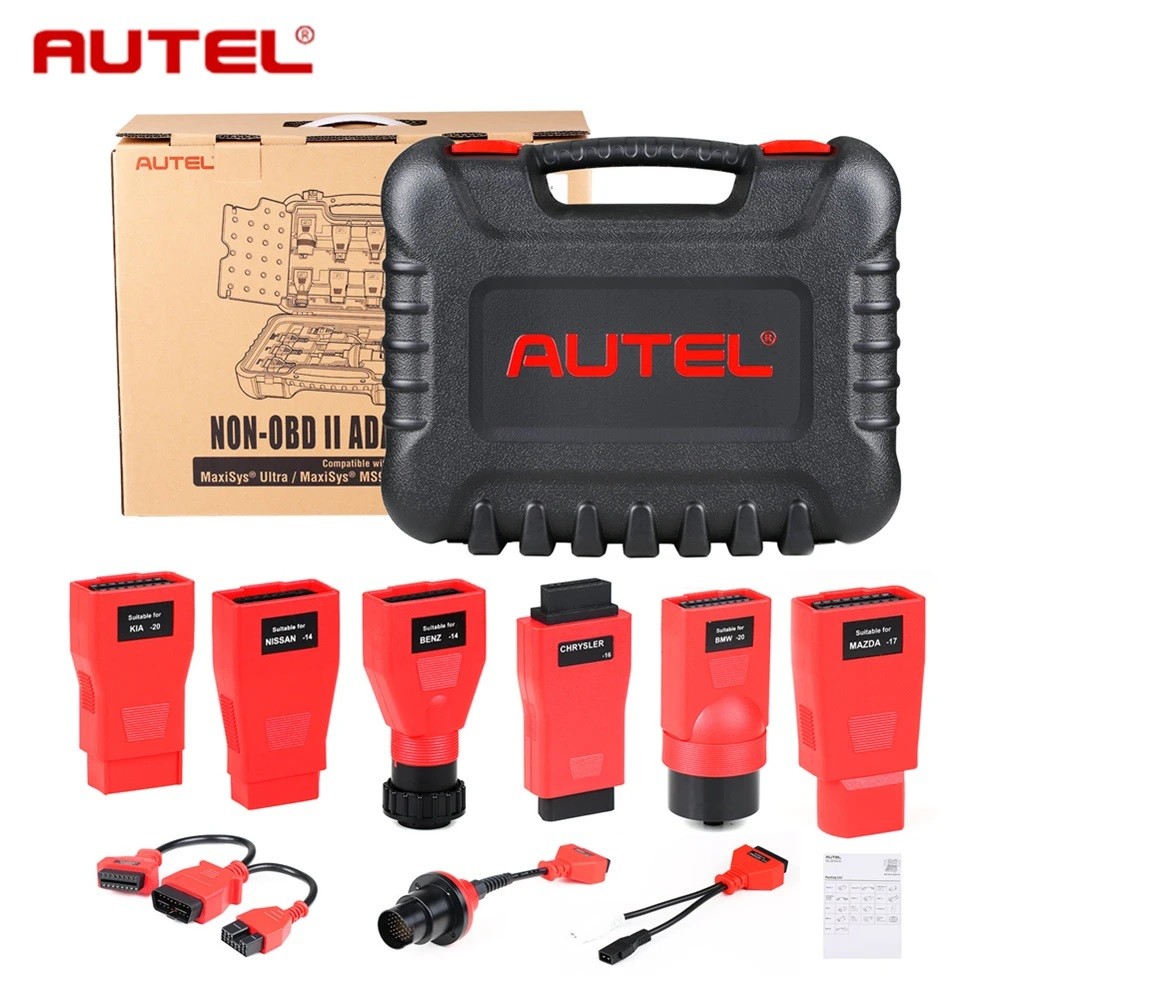 Setul de adaptoare Autel pentru mașini fără mufă OBD-II, cu valiza rigidă și adaptoarele roșii etichetate pe mărci
