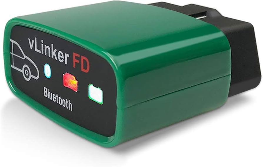 Adaptorul Vgate vLinker FD, carcasă verde cu led-uri de stare și mufă OBD-II