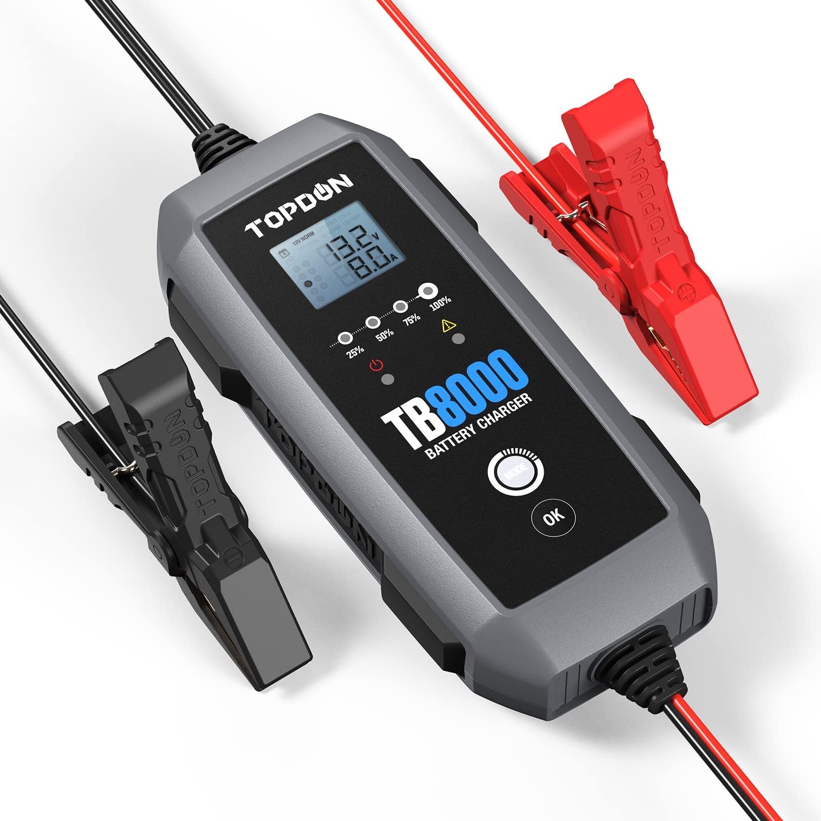 Încărcător inteligent TOPDON TB8000 cu ecran LCD și cleme roșu-negru pentru baterii auto