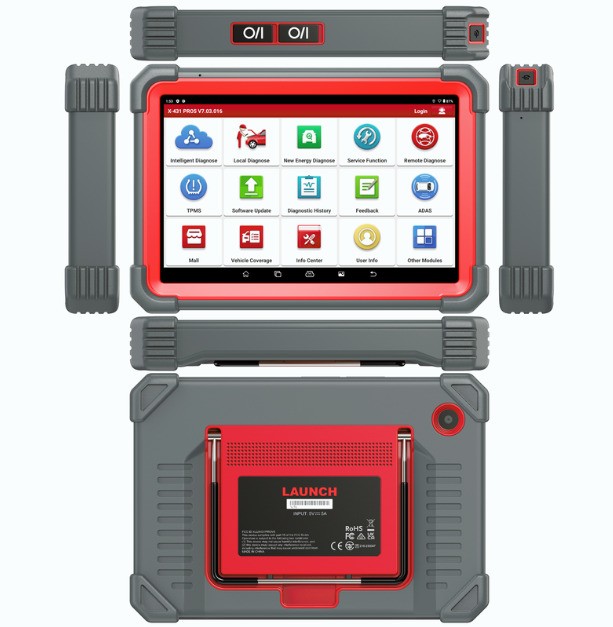 Tableta X431 PRO5 vazuta din fata, din spate si din lateral, cu ramele de protectie din cauciuc si suportul pliabil