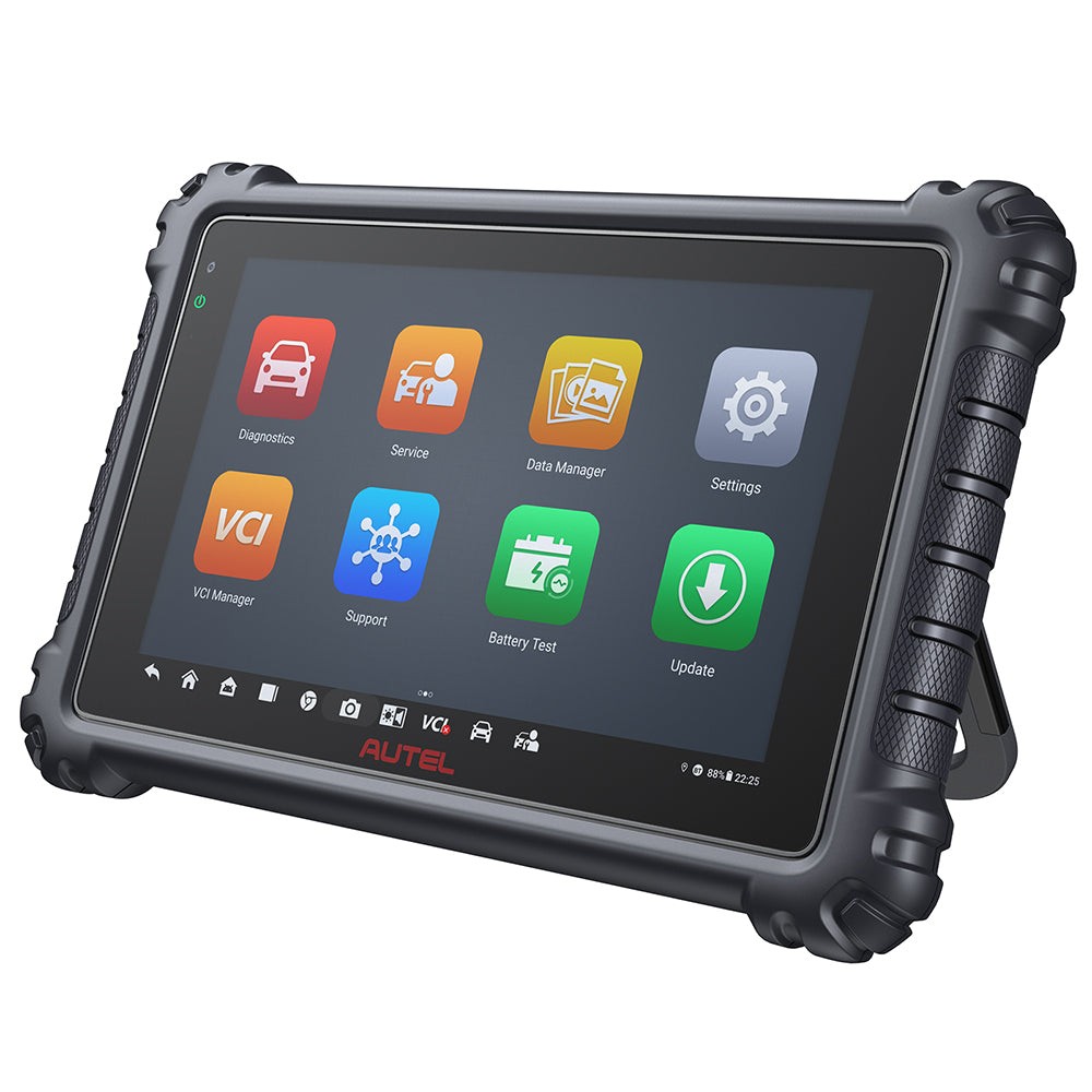 Testerul Autel MaxiCOM MK906S Pro cu ecranul pe meniul principal si suportul din spate deschis