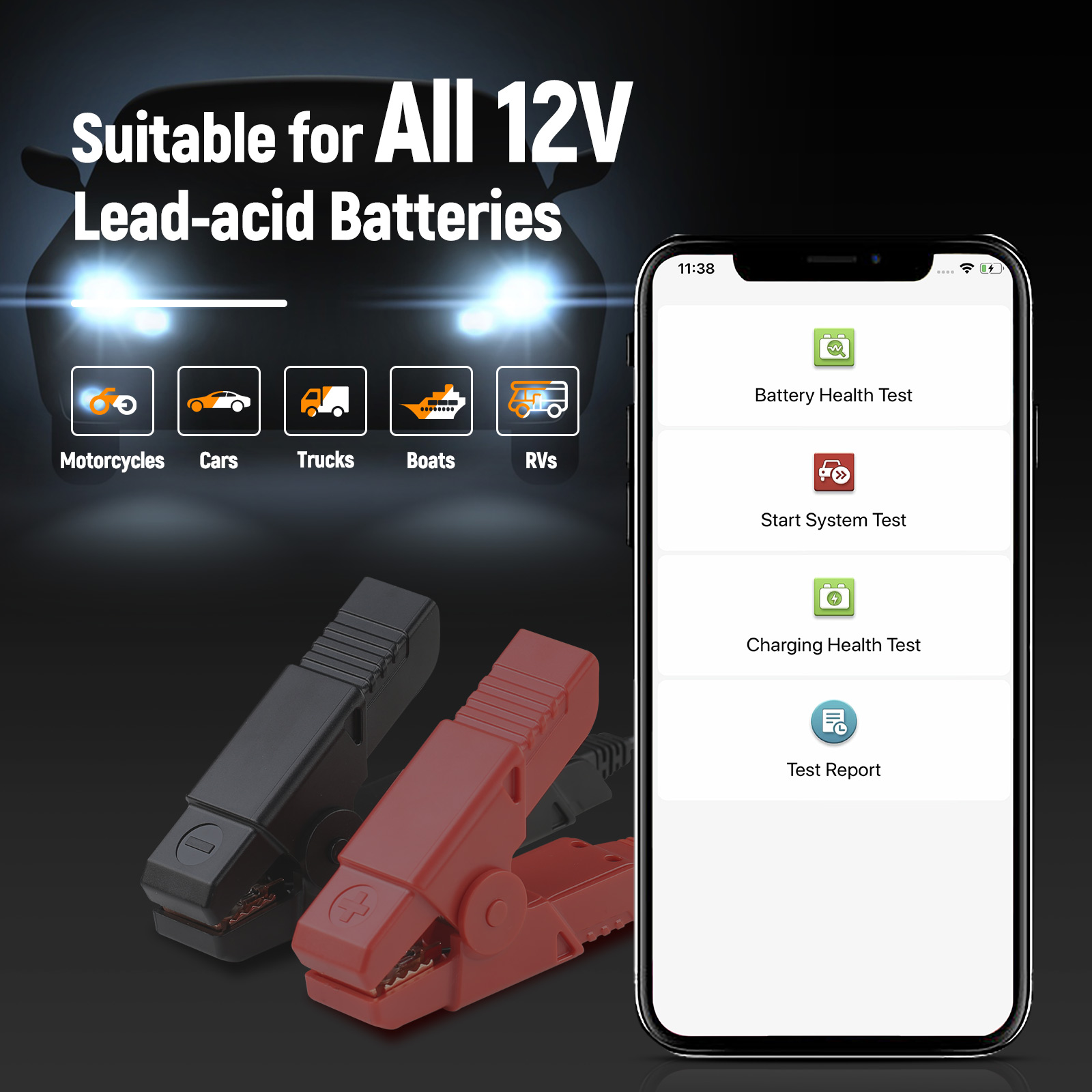 Aplicația BST360 pe telefon, cu cele patru probe disponibile și clemele testerului Launch