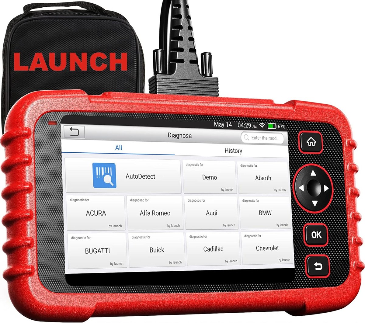 Testerul CRP129X vazut de sus, cu cablul OBD conectat