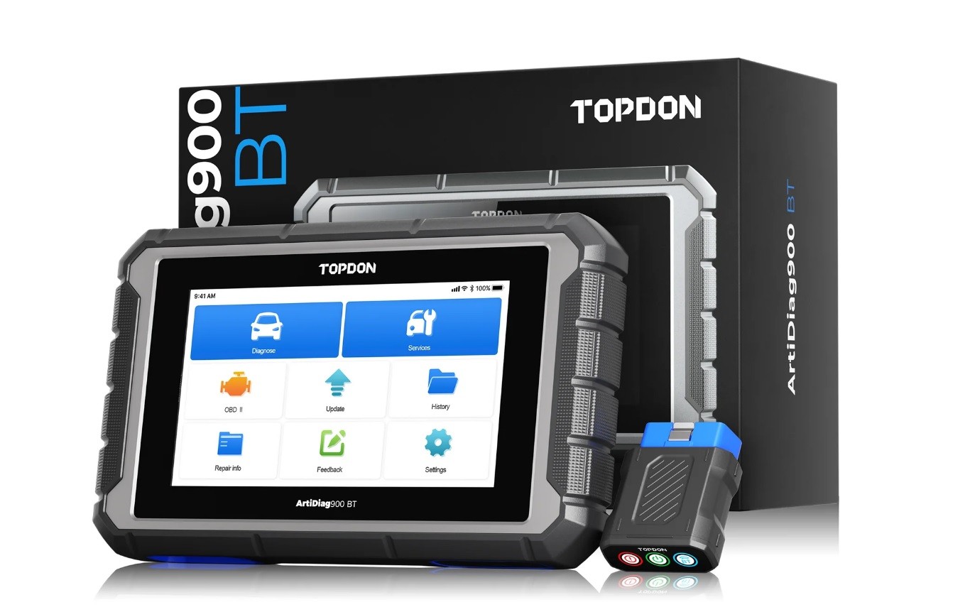 Tableta TOPDON ArtiDiag900 BT cu ecranul de 7 inch și cutia VCI Bluetooth alături