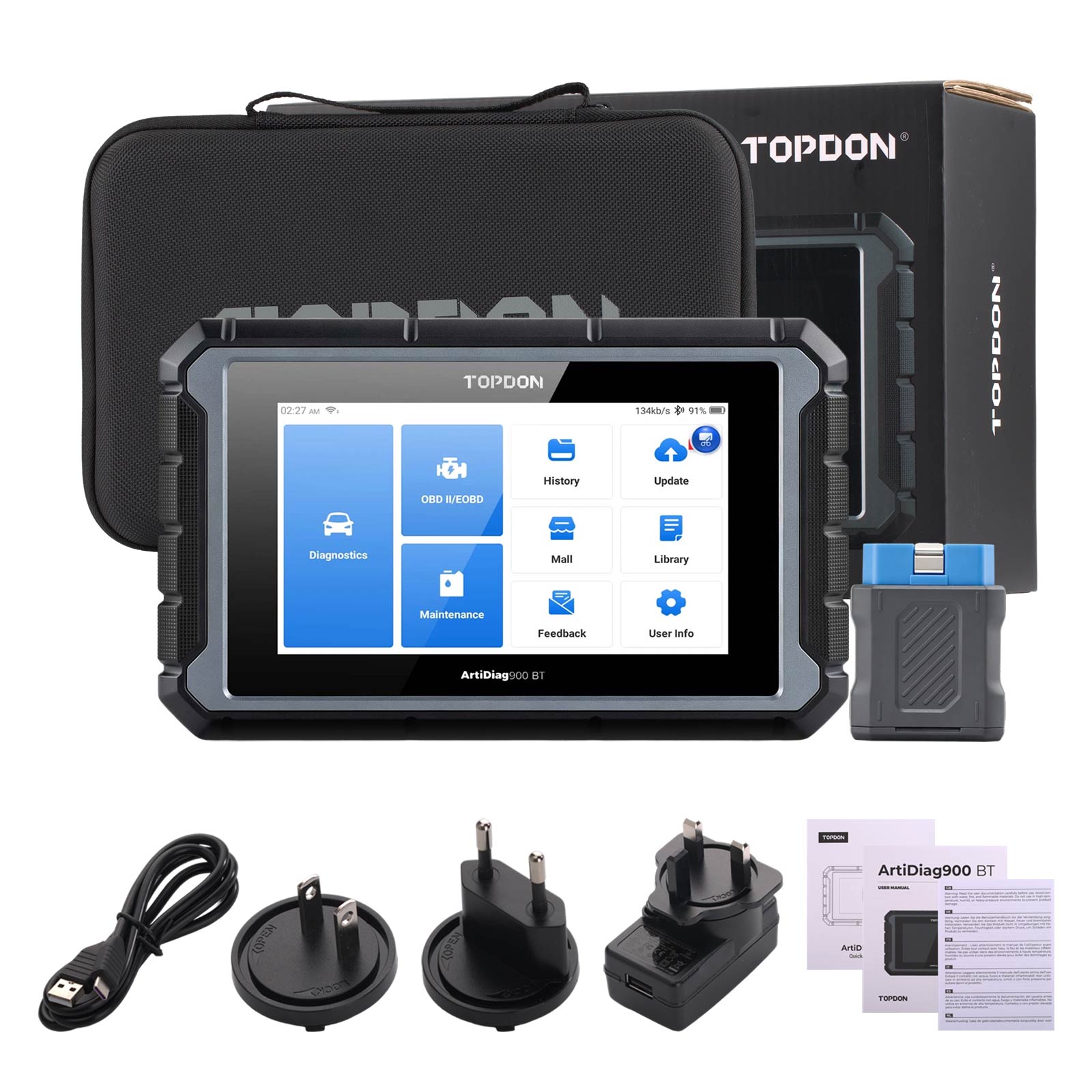 Pachetul TOPDON ArtiDiag900 BT: tableta de 7 inch, interfata Bluetooth, husa, incarcatorul si ghidul