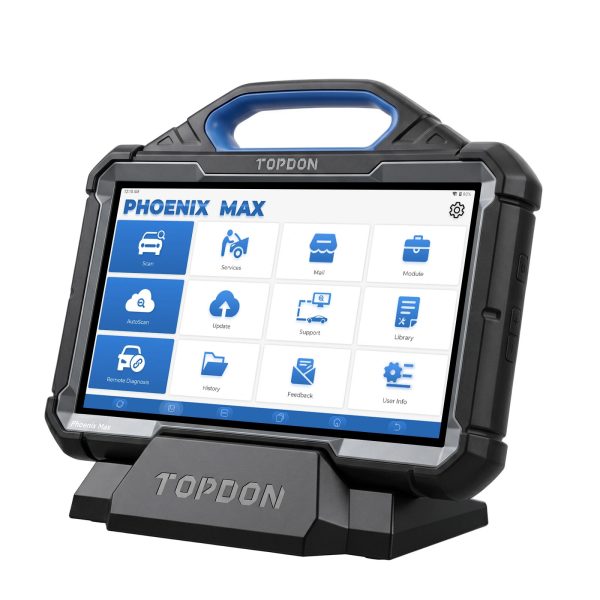 Tester diagnoză TOPDON Phoenix Max, cu programare ECU în cloud Tableta Topdon Phoenix Max asezata pe suportul de incarcare, cu meniul principal pe ecran