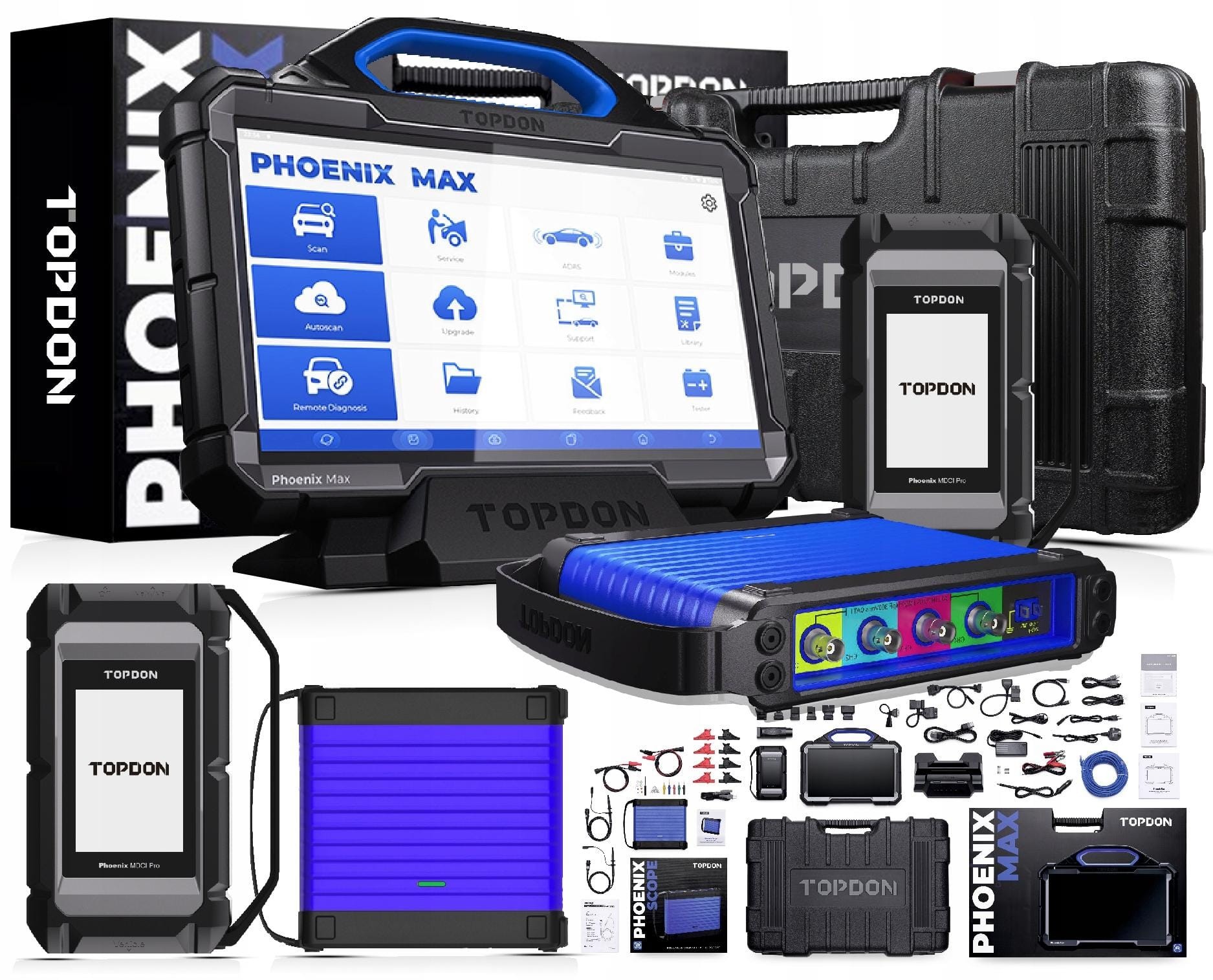 Tableta Topdon Phoenix Max cu ecran de 13,3 inch, pe stația de andocare, alături de interfața MDCI Pro